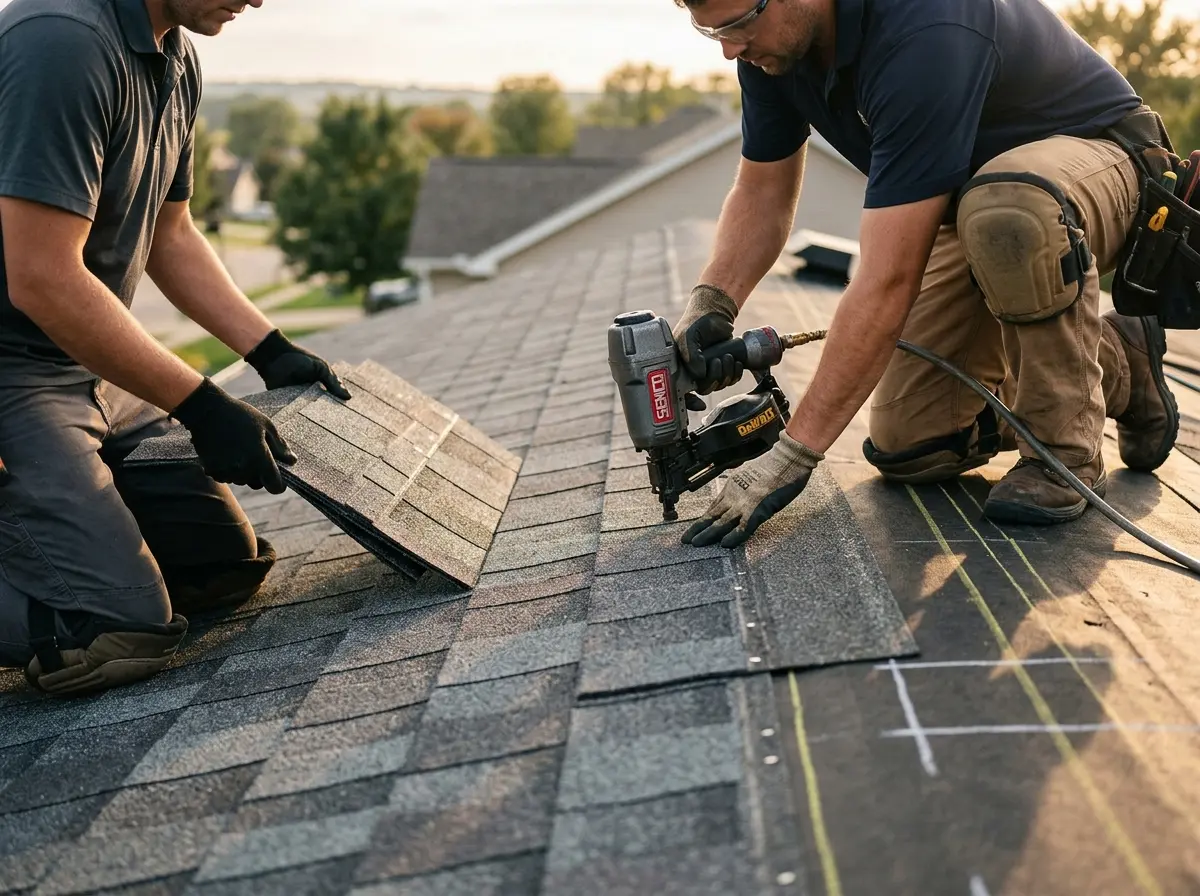 Professional roofer working on a residential roof in Kimberly